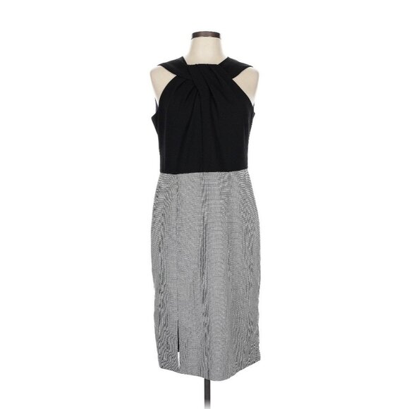 White House Black Market Twist Front Sheath Dress 12 Black Houndstooth Check - Picture 1 of 7